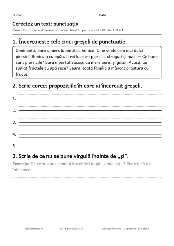 Prima pagină a fișei „Corectez un text: punctuația”, clasa a IV-a, nivelul 3