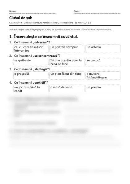 Prima pagină a fișei „Clubul de șah”, clasa a IV-a, nivelul 2