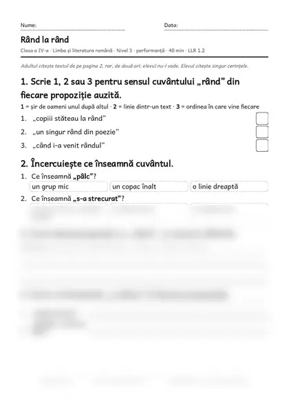 Prima pagină a fișei „Rând la rând”, clasa a IV-a, nivelul 3