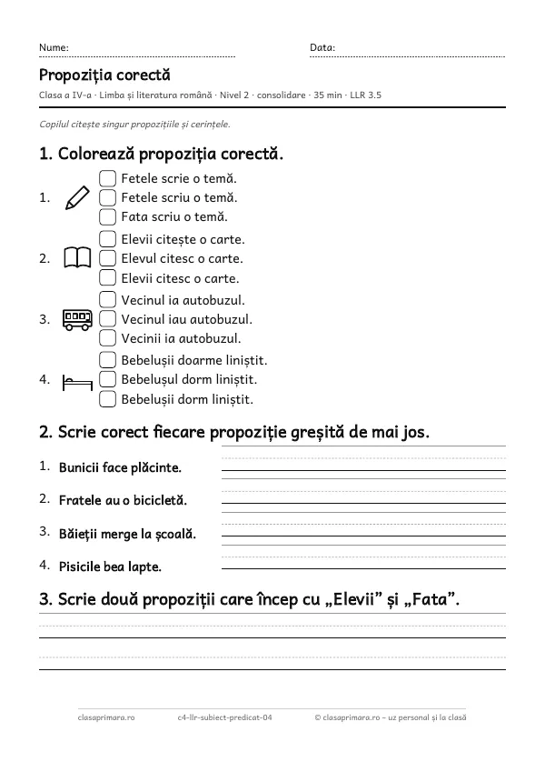 Prima pagină a fișei „Propoziția corectă”, clasa a IV-a, nivelul 2