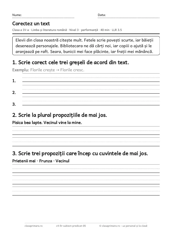 Prima pagină a fișei „Corectez un text”, clasa a IV-a, nivelul 3