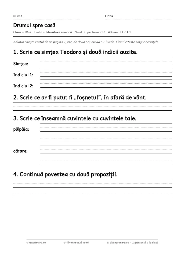 Prima pagină a fișei „Drumul spre casă”, clasa a IV-a, nivelul 3