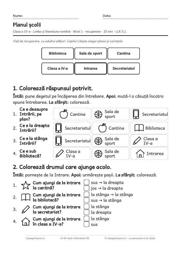 Prima pagină a fișei „Planul școlii”, clasa a IV-a, nivelul 1