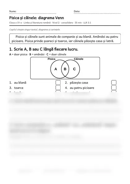 Prima pagină a fișei „Pisica și câinele: diagrama Venn”, clasa a IV-a, nivelul 2