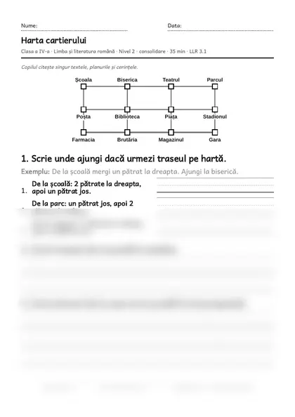Prima pagină a fișei „Harta cartierului”, clasa a IV-a, nivelul 2