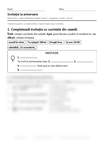 Prima pagină a fișei „Invitație la aniversare”, clasa a IV-a, nivelul 1