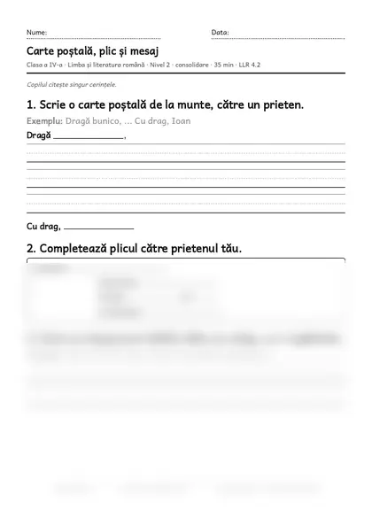 Prima pagină a fișei „Carte poștală, plic și mesaj”, clasa a IV-a, nivelul 2