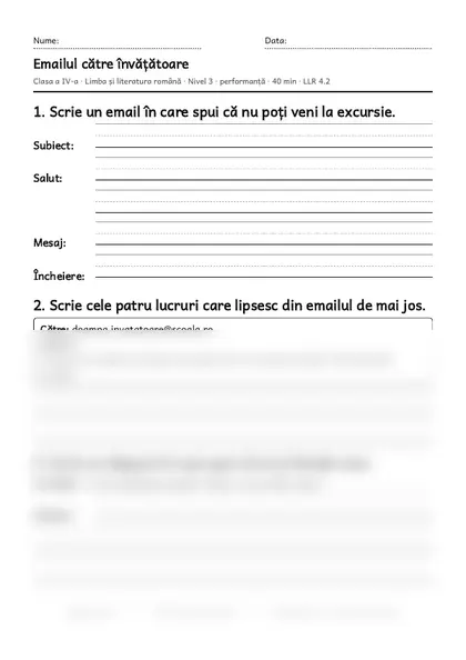 Prima pagină a fișei „Emailul către învățătoare”, clasa a IV-a, nivelul 3