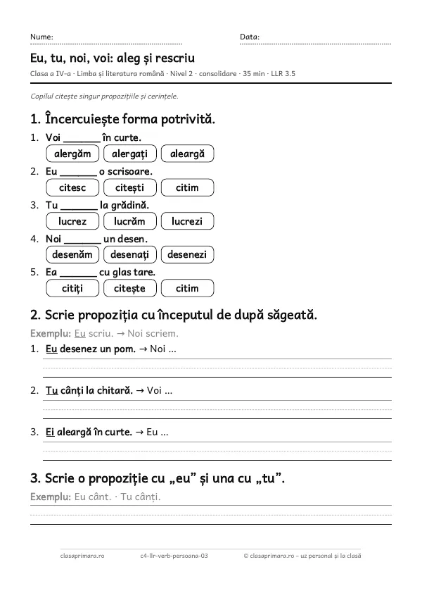 Prima pagină a fișei „Eu, tu, noi, voi: aleg și rescriu”, clasa a IV-a, nivelul 2