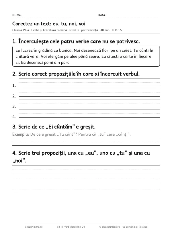 Prima pagină a fișei „Corectez un text: eu, tu, noi, voi”, clasa a IV-a, nivelul 3