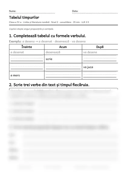 Prima pagină a fișei „Tabelul timpurilor”, clasa a IV-a, nivelul 2