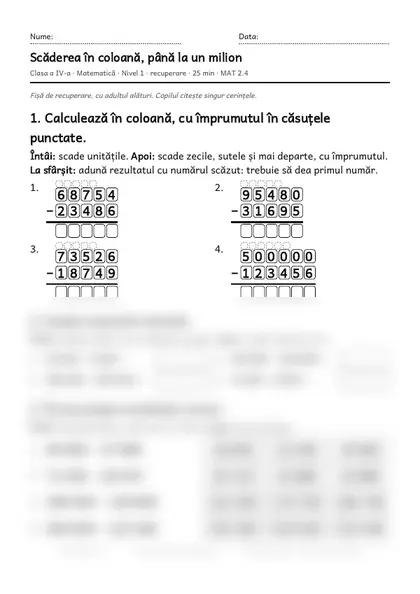 Prima pagină a fișei „Scăderea în coloană, până la un milion”, clasa a IV-a, nivelul 1