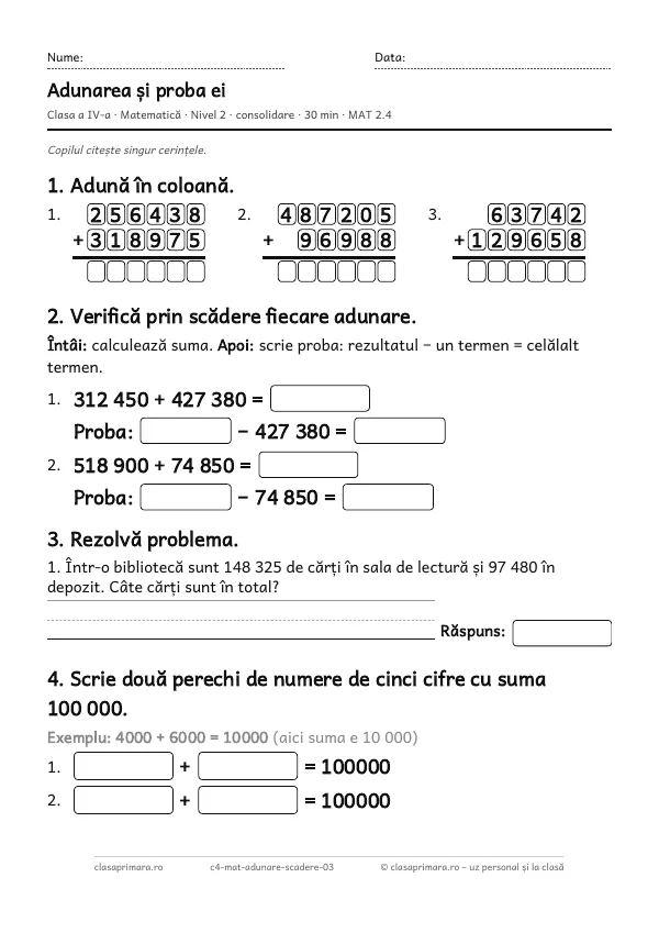 Prima pagină a fișei „Adunarea și proba ei”, clasa a IV-a, nivelul 2