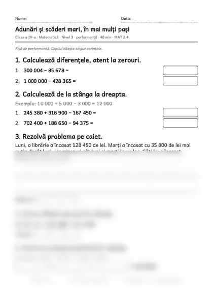 Prima pagină a fișei „Adunări și scăderi mari, în mai mulți pași”, clasa a IV-a, nivelul 3