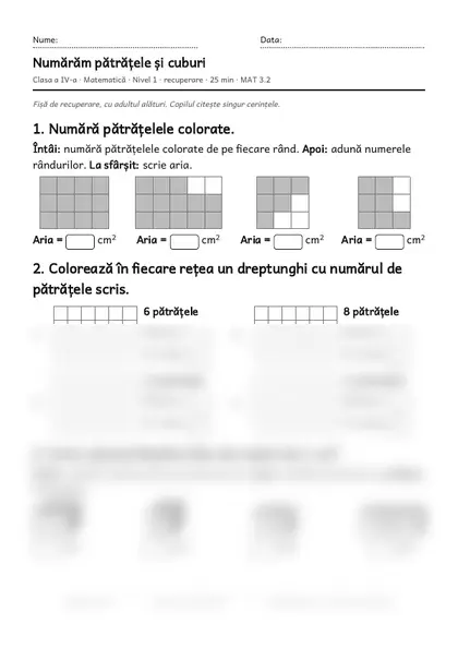 Prima pagină a fișei „Numărăm pătrățele și cuburi”, clasa a IV-a, nivelul 1