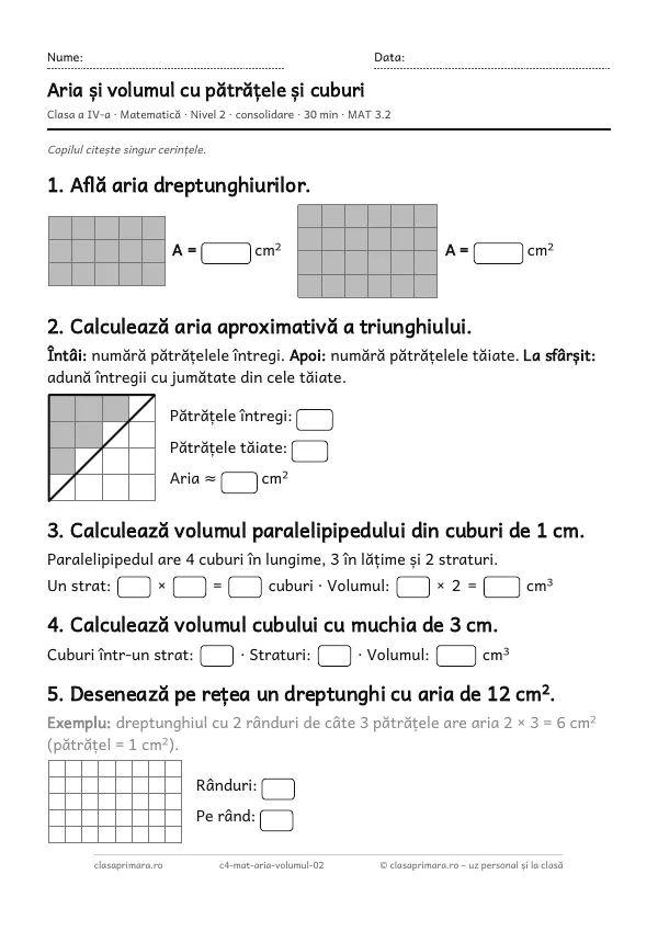 Prima pagină a fișei „Aria și volumul cu pătrățele și cuburi”, clasa a IV-a, nivelul 2