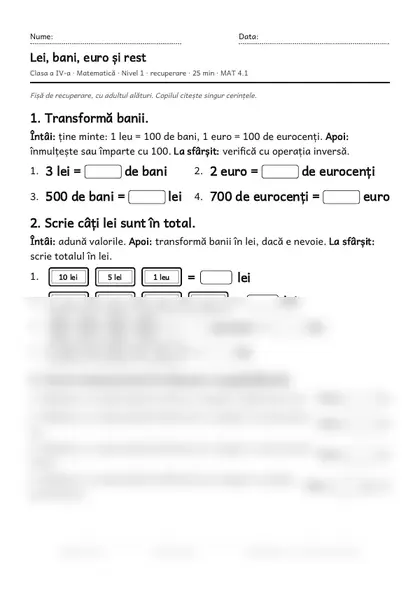 Prima pagină a fișei „Lei, bani, euro și rest”, clasa a IV-a, nivelul 1