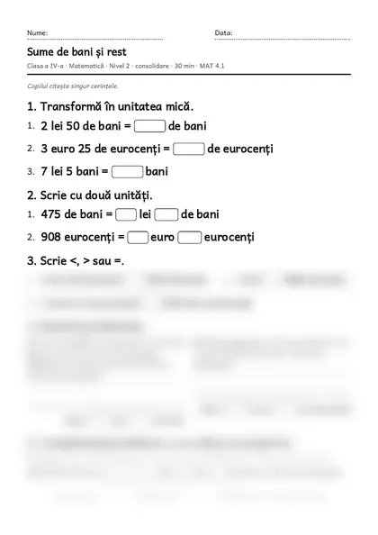 Prima pagină a fișei „Sume de bani și rest”, clasa a IV-a, nivelul 2