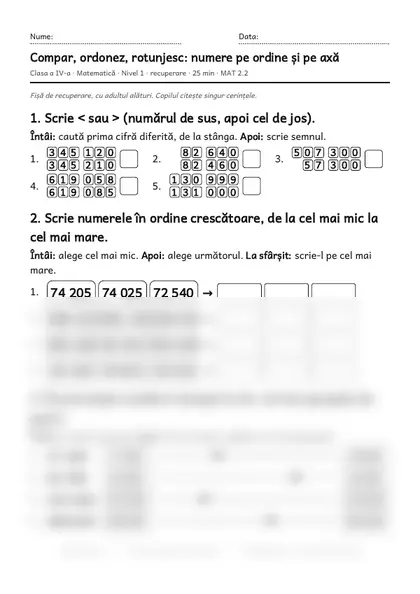 Prima pagină a fișei „Compar, ordonez, rotunjesc: numere pe ordine și pe axă”, clasa a IV-a, nivelul 1