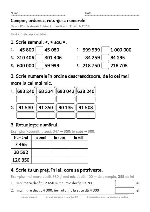 Prima pagină a fișei „Compar, ordonez, rotunjesc numerele”, clasa a IV-a, nivelul 2