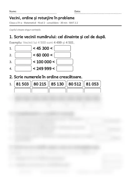 Prima pagină a fișei „Vecini, ordine și rotunjire în probleme”, clasa a IV-a, nivelul 2