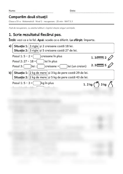 Prima pagină a fișei „Comparăm două situații”, clasa a IV-a, nivelul 1