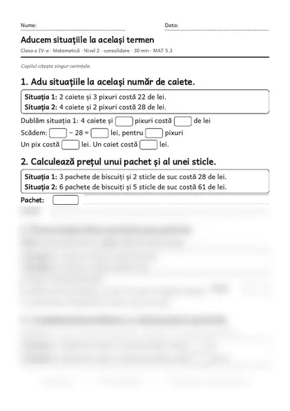 Prima pagină a fișei „Aducem situațiile la același termen”, clasa a IV-a, nivelul 2