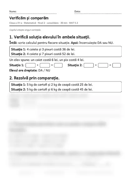 Prima pagină a fișei „Verificăm și comparăm”, clasa a IV-a, nivelul 2