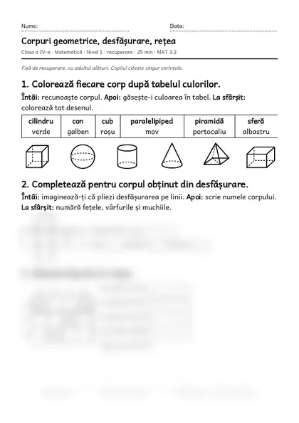 Prima pagină a fișei „Corpuri geometrice, desfășurare, rețea”, clasa a IV-a, nivelul 1
