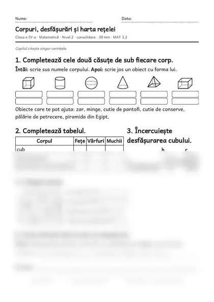 Prima pagină a fișei „Corpuri, desfășurări și harta rețelei”, clasa a IV-a, nivelul 2