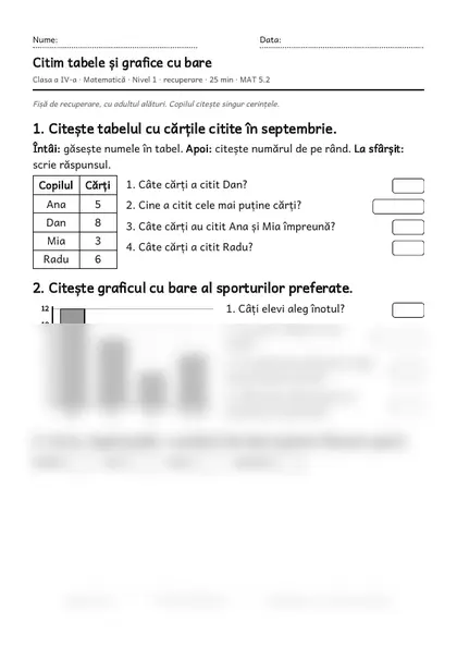 Prima pagină a fișei „Citim tabele și grafice cu bare”, clasa a IV-a, nivelul 1