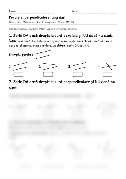 Prima pagină a fișei „Paralele, perpendiculare, unghiuri”, clasa a IV-a, nivelul 1