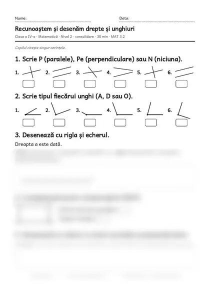 Prima pagină a fișei „Recunoaștem și desenăm drepte și unghiuri”, clasa a IV-a, nivelul 2