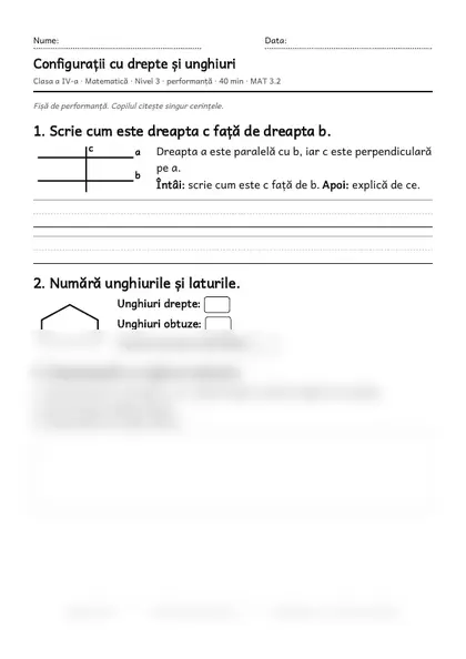 Prima pagină a fișei „Configurații cu drepte și unghiuri”, clasa a IV-a, nivelul 3