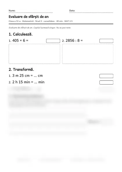Prima pagină a fișei „Evaluare de sfârșit de an”, clasa a IV-a, nivelul 2