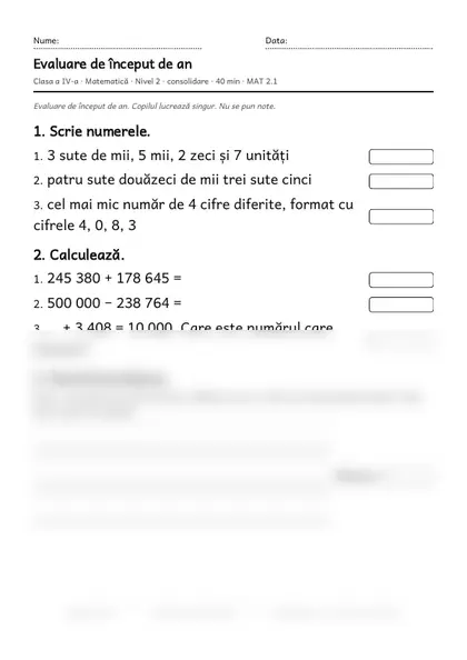 Prima pagină a fișei „Evaluare de început de an”, clasa a IV-a, nivelul 2