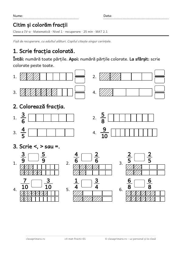 Prima pagină a fișei „Citim și colorăm fracții”, clasa a IV-a, nivelul 1