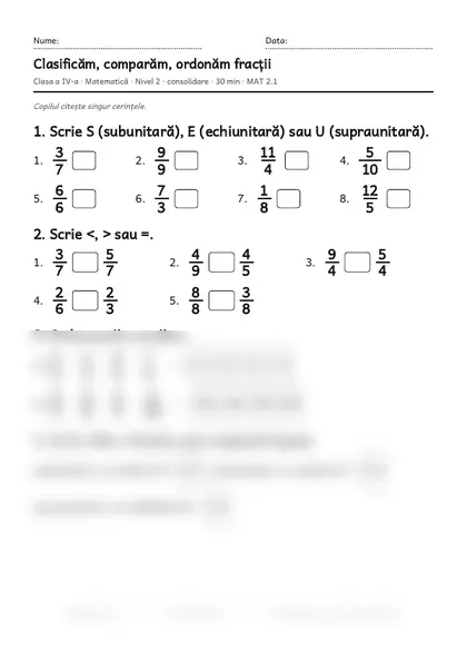 Prima pagină a fișei „Clasificăm, comparăm, ordonăm fracții”, clasa a IV-a, nivelul 2