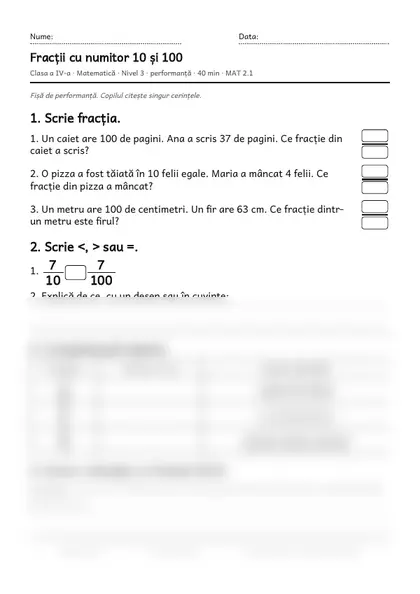 Prima pagină a fișei „Fracții cu numitor 10 și 100”, clasa a IV-a, nivelul 3