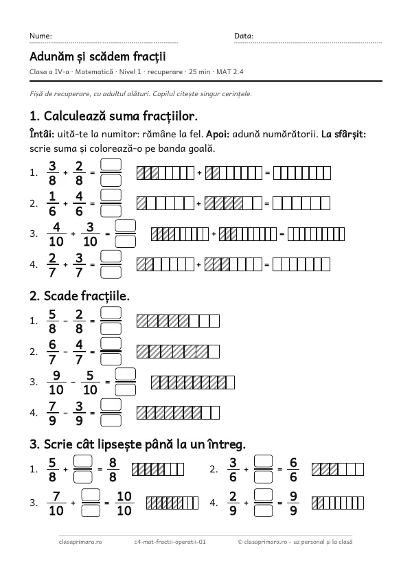 Prima pagină a fișei „Adunăm și scădem fracții”, clasa a IV-a, nivelul 1