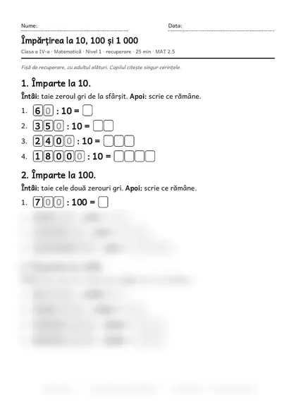 Prima pagină a fișei „Împărțirea la 10, 100 și 1 000”, clasa a IV-a, nivelul 1