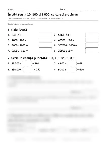 Prima pagină a fișei „Împărțirea la 10, 100 și 1 000: calcule și probleme”, clasa a IV-a, nivelul 2
