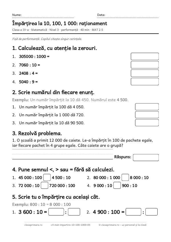 Prima pagină a fișei „Împărțirea la 10, 100, 1 000: raționament”, clasa a IV-a, nivelul 3