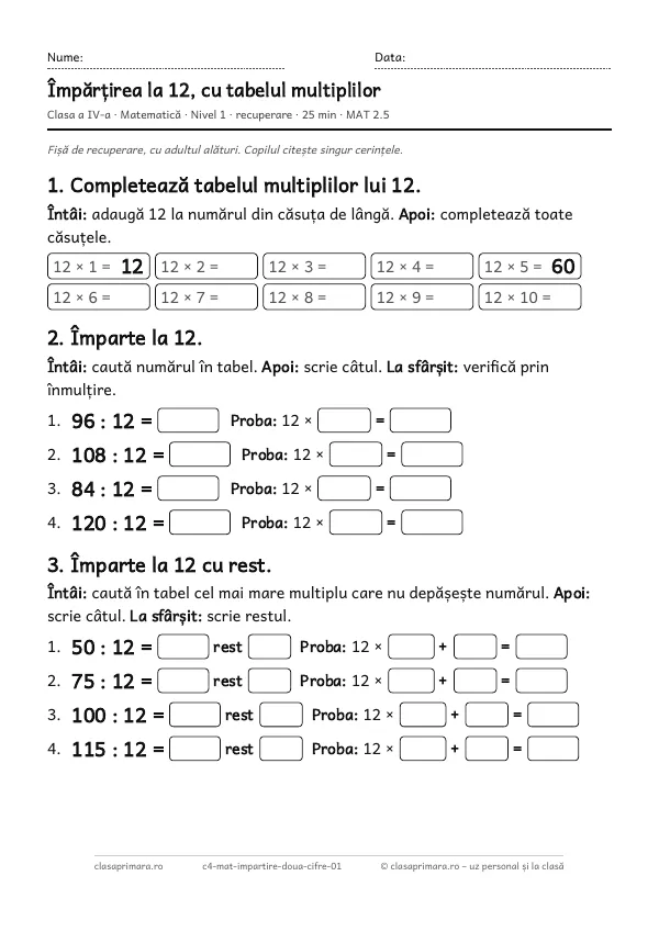 Prima pagină a fișei „Împărțirea la 12, cu tabelul multiplilor”, clasa a IV-a, nivelul 1
