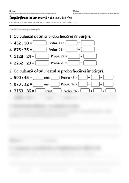 Prima pagină a fișei „Împărțirea la un număr de două cifre”, clasa a IV-a, nivelul 2