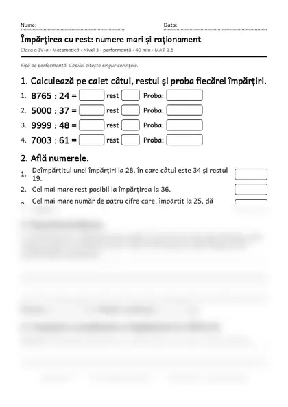 Prima pagină a fișei „Împărțirea cu rest: numere mari și raționament”, clasa a IV-a, nivelul 3