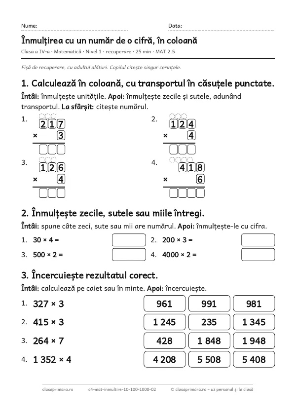 Prima pagină a fișei „Înmulțirea cu un număr de o cifră, în coloană”, clasa a IV-a, nivelul 1