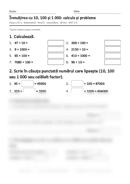 Prima pagină a fișei „Înmulțirea cu 10, 100 și 1 000: calcule și probleme”, clasa a IV-a, nivelul 2