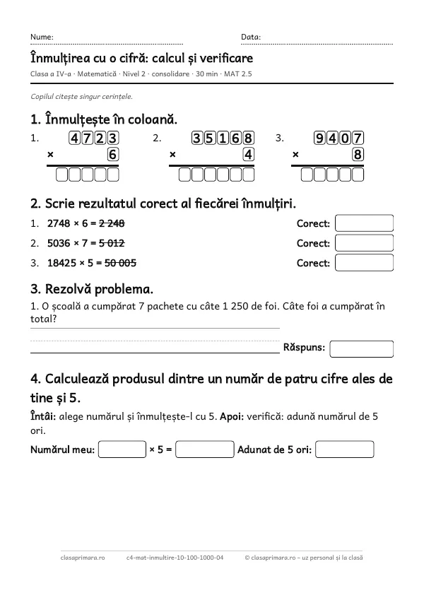 Prima pagină a fișei „Înmulțirea cu o cifră: calcul și verificare”, clasa a IV-a, nivelul 2