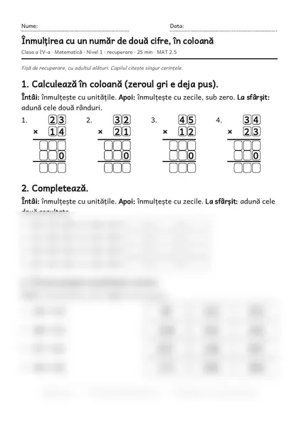 Prima pagină a fișei „Înmulțirea cu un număr de două cifre, în coloană”, clasa a IV-a, nivelul 1